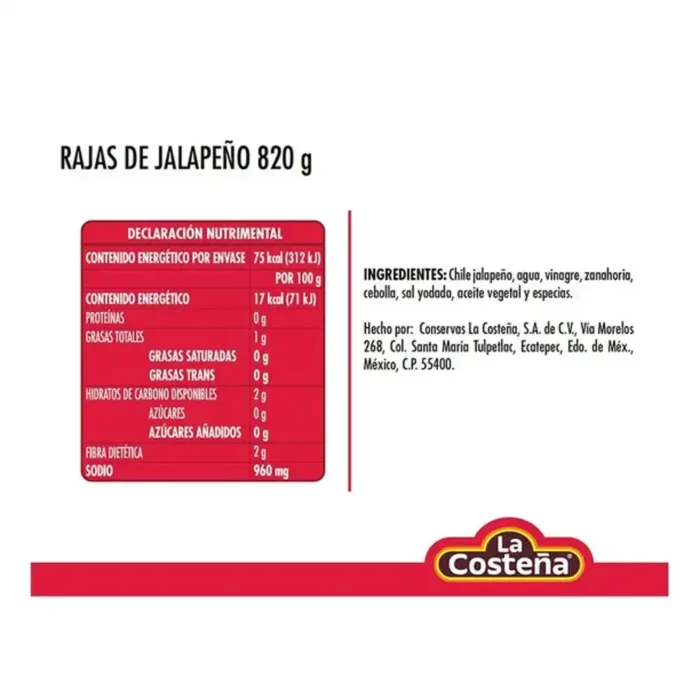 Rajas de jalapeño La Costeña 820gr - Imagen 2